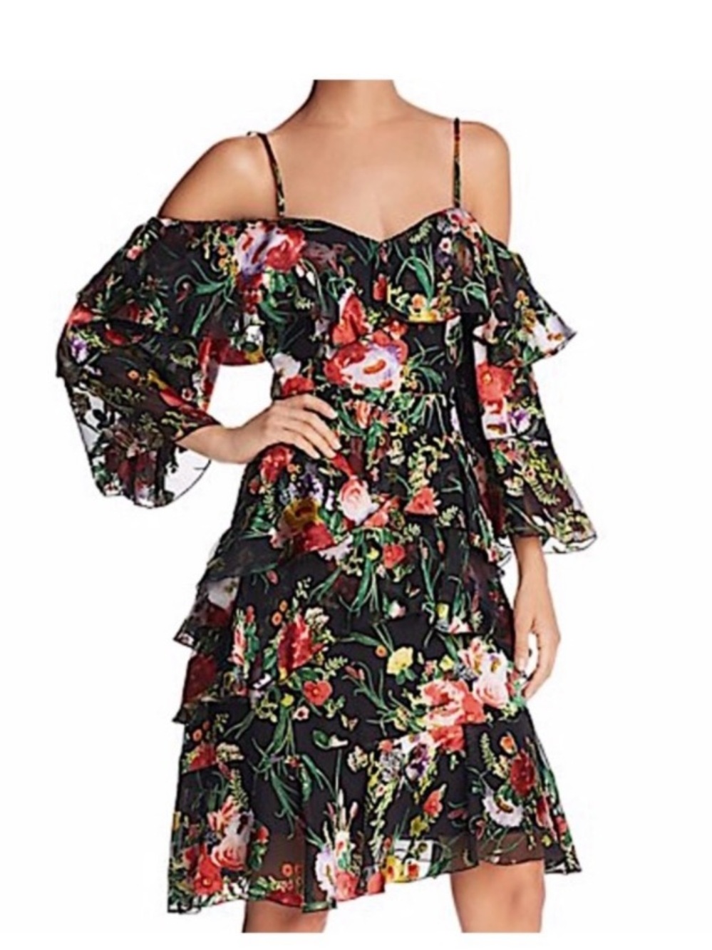 Alice + Olivia Black Floral One-Shoulder Ruffle Midi Dress